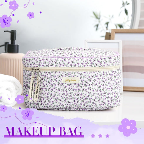 2 Pcs Cotton Quilted Makeup Bag, Large Travel Coquette Cosmetic Bag, Aesthetic Cute Floral Cherry Peony Toiletry Organizer skincare Bag for Women ...