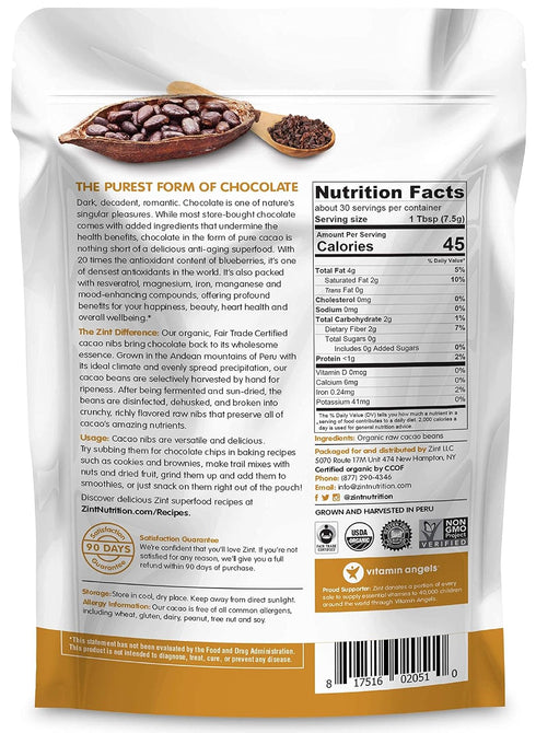 Zint Organic Cacao Nibs (8 oz): Fair Trade, Paleo-Certified, Organic, Non GMO, Anti Aging Antioxidant Superfood, Gluten Free Cocoa Cacao Beans...