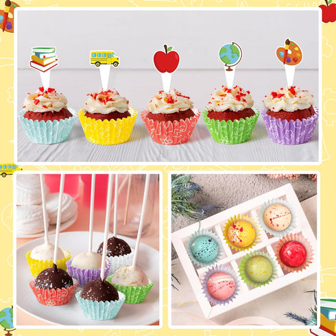 300pcs Back to School Cupcake Liners, School Mini Cake Baking Cups, First Day of School Cupcake Wrappers with Cupcake Toppers, Apple Pencil Book M...