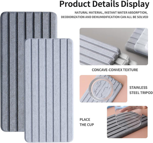 Absorbent Coasters with Grooves 2 PCS, Keep Kitchen Bathroom Sink Countertop Dry, Water Absorbing Stone Tray for Under Cups/Drinks/Hand Soap Pumps...