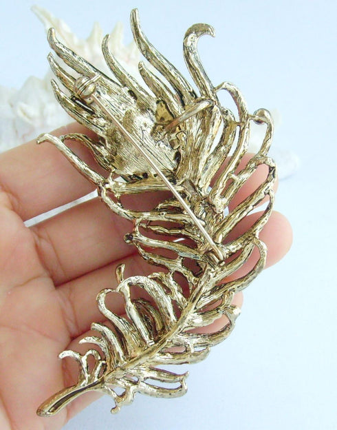 Zeepoffine 4.33" Rhinestone Crystal Peacock Feather Brooch Pin Pendant BZ5038 (Gold-Tone Multicolor)...