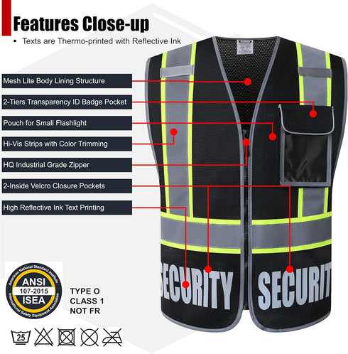 Retro-Reflection Security Safety Vests Heavy Duty Black Mesh with 5 Pockets and Front Zipper Meet ANSI/ISEA 107-2015 (Black-22, Medium)...