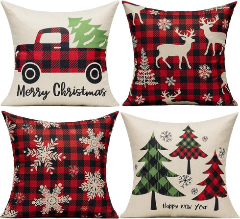 VAKADO Farmhouse Christmas Throw Pillow Covers Outdoor 20x20 Set of Decorations Buffalo Check Red Deer Plaids Cushion Cases Winter Livingroom Snow...