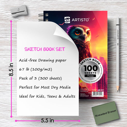 Artisto 5.5X8.5” Premium Sketch Book Set, Pack of 3 (300 Sheets), 68lb (100gsm), Spiral Bound, Acid-Free Drawing Paper, Perfect for Most Dry Media...