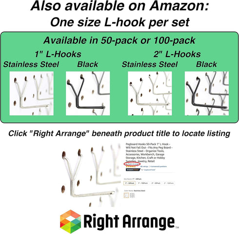 Steel Pegboard Hooks 50-Pack 1" + 2” L Hook, Black - Will Not Fall Out, Fits Any Peg Board - Organize Tools, Accessories, Workbench, Garage Storag...