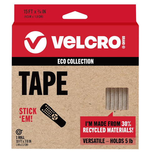 VELCRO Brand ECO Collection Stick On Adhesive Tape 10ft x 7/8in, Cut Strips to Length, Sustainable 30% Recycled Material, White...
