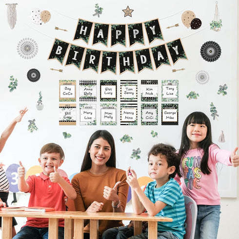 48 Pcs Classroom Happy Birthday Bulletin Board Sets Decorations, Eucalyptus Greenery Plant Birthday Classroom Decor, Nature Birthday Chart Poster ...