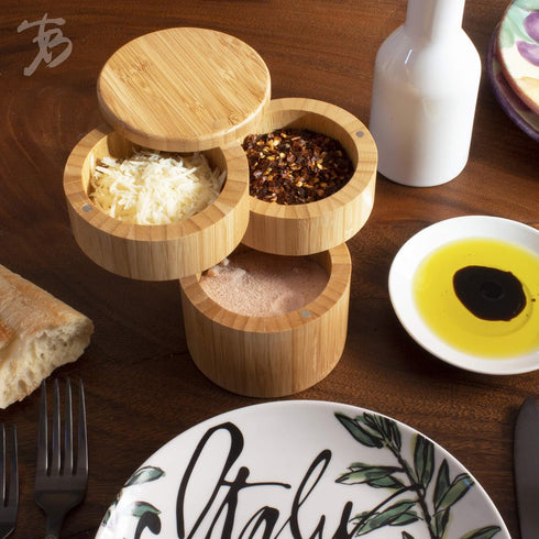 Totally Bamboo Triple Salt Cellar, 3 Tier Bamboo Kitchen Salt and Pepper Storage Box with Magnetic Swivel Lids...