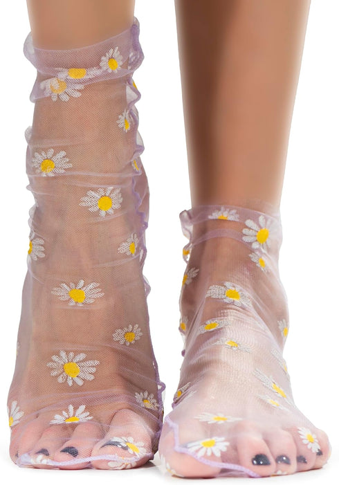 Pale Lavender Translucent Daisy Socks Women Fashion Sheer Socks - See Through Mesh Socks for Women - Floral Tulle Socks (US sizes 5-8)...