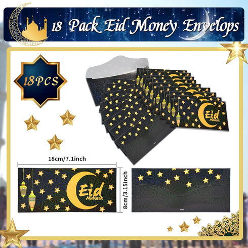 18 Pieces Eid Mubarak Money Envelopes, 7 x 3.1 Inch Cash Gift Card Holders Ramadan Pocket Envelope for Money for Kids, Eid Holiday Celebrations De...