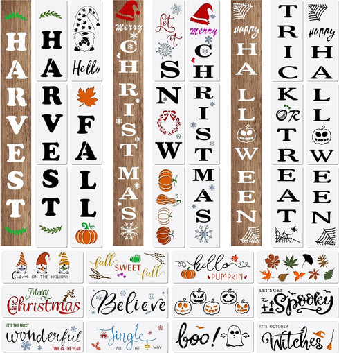 30 Pcs Fall Stencils Halloween Christmas Stencils Painting on Wood Farmhouse Stencils Reusable Maple Leaves Pumpkin Expression Templates for DIY F...