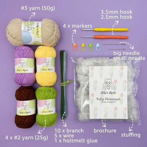 Lily's Lyric Flower Crochet Kit | Tulip Flowerpot | Step-by-Step Video Tutorial for Adults Teenagers | DIY Home Decoration Craft Gift Idea Purple&...