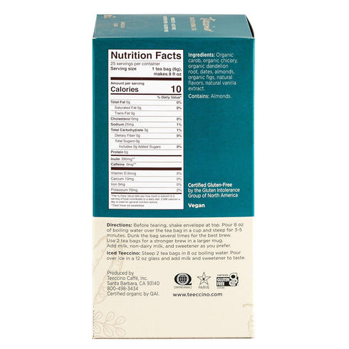 Teeccino Dandelion Herbal Tea - Vanilla Nut - Caffeine Free, Prebiotic, Gluten Free, 3x More Herbs - 25 Tea Bags...