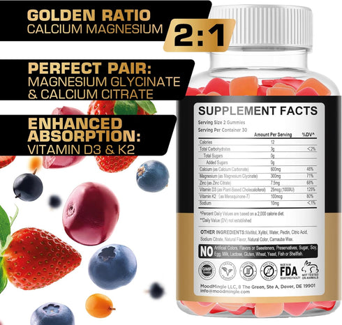 Calcium Magnesium Zinc Supplement Gummies for kids toddler & Adults - Enhanced Absorption with Vitamin D3 & K2 - Sugar Free Gluten Free Cal Mag Zi...