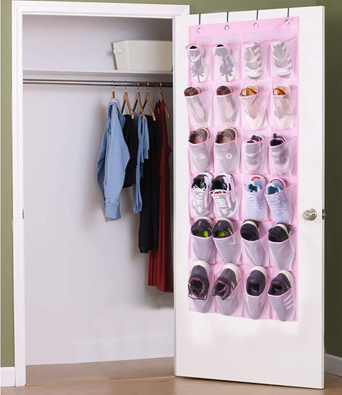 MISSLO Kids Shoe Organizer Pink Room Decor for Bedroom Door Hanging Baby Closet Storage over the Rack Breathable 24 Large Mesh Pockets for Toddler...