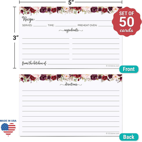 321Done Recipe Cards (Set of 50) Small Floral 3" x 5" - Double-Sided for Weddings, Bridal Shower - Made in USA - Watercolor Red Roses, White From ...