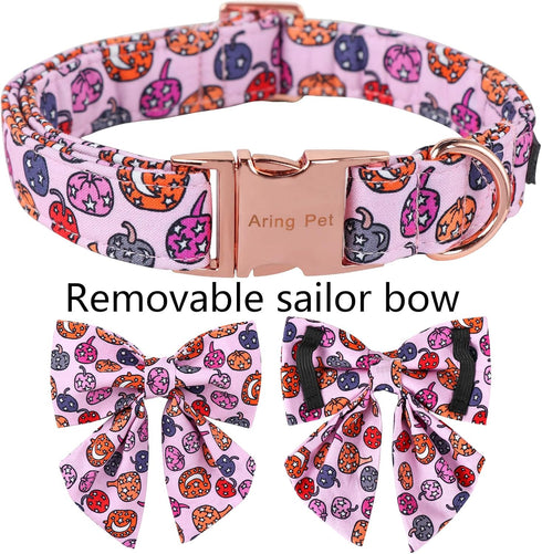 ARING PET Halloween Dog Collar-Cute Pink Pumpkin Dog Collar with Sailor Bowtie, Cotton Halloween Pumpkin Lamp Dog Collars with Metal Buckle...