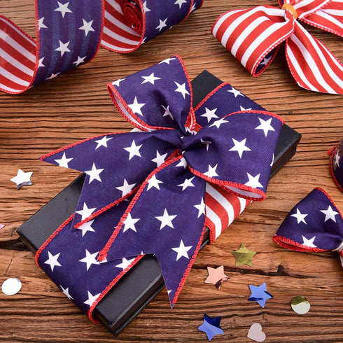 2 Rolls Patriotic Wired Edge Ribbon Stars and Stripes Reversible Ribbons Red White Blue Decorative Ribbon for 4th of July Memorial Day Bow Wreath ...
