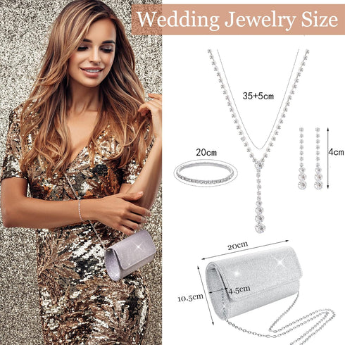 Silver Prom Jewelry Set for Women Rhinestone Necklace Dangle Earrings Bracelet Clutch Purse Silver Accessories Bride Bridesmaid Crystal Bridal Jew...