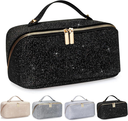 CCidea Cosmetic Bag, Gifts for Women, Lay Flat Makeup Bag Organizer Waterproof Leather Makeup Pouch Cosmetic Travel Cases Toiletry Bags Sparkling ...