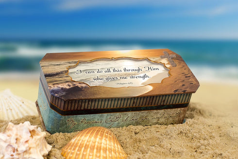 Cottage Garden I Can Do All This Through Him Who Gives Me Strength Footprints in The Sand Design Jewelry Music Box - Plays Song Amazing Grace...