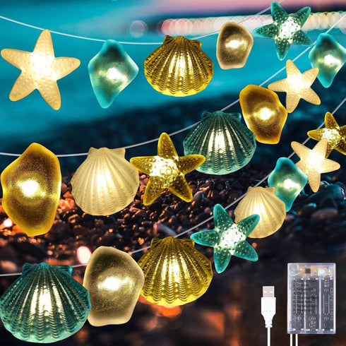 1 Pcs Ocean Beach Themed Sea Life Cute Fairy Decorative String Lights 10 FT 30 LEDs, 8 Light Modes Battery Operated, Starfish and Seashell Design ...