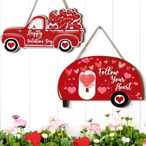 2 Pieces Valentine's Day Decor Valentine's Day Heart Sign Valentine's Day Wooden Wall Decor Happy Valentine's Day Truck Hanging Decorations for Ho...