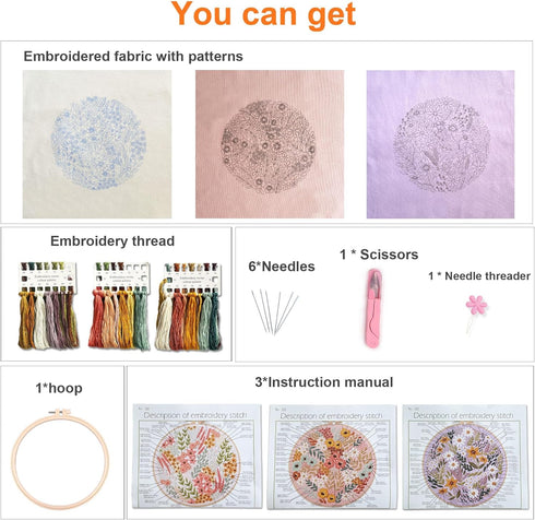 Myfelicity Embroidery kit, Adult Embroidery Material Set with Cute Flowers and Plants Patterns. 3 Embroidery Clothes and Colors Threads. 1 Hoop. (...