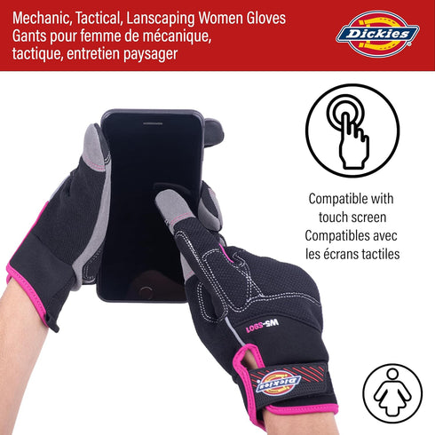 Dickies Heavy Duty Synthetic Leather Work Gloves Women, Touchscreen Compatible | Mechanic, Gardening Gloves, Black/Pink, Large...