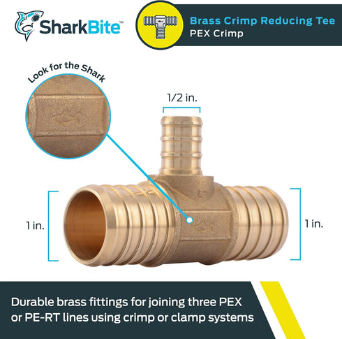 SharkBite 1 Inch x 1 Inch x 1/2 Inch Crimp Reducing Tee, Brass Plumbing Fitting, PEX Pipe, PE-RT, UC415LFA...
