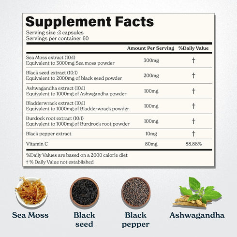 Sea Moss Capsules- Irish Sea Moss with Black Seed Oil, Ashwagandha & Black Pepper for Stamina, Strength & Endurance- High Potency Sea Moss Supplem...