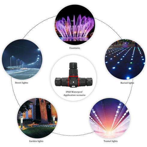 CERRXIAN 3 PIN 3 Way Electrical External Junction Box IP68 Waterproof Outdoor LED Electrical Converter for Ø 5mm-10mm Cable Range (Black)(2-Pack)...