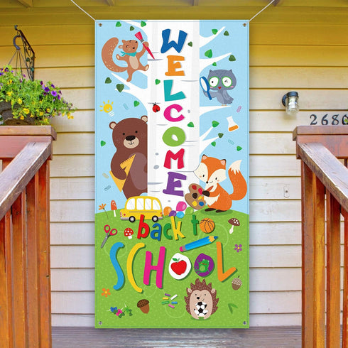 Welcome Banner, First Day of School Door Cover Woodland Animal Friends Photo Backdrop for Classroom School Party Decorations Supplies with Rope...