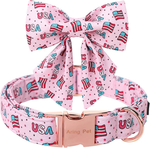 ARING PET 4th of July Dog Collar-Cotton Pink USA Patriotic Dog Collar with Bowtie, Adjustable American Flag Dog Collar Puppy Collars for Small Med...