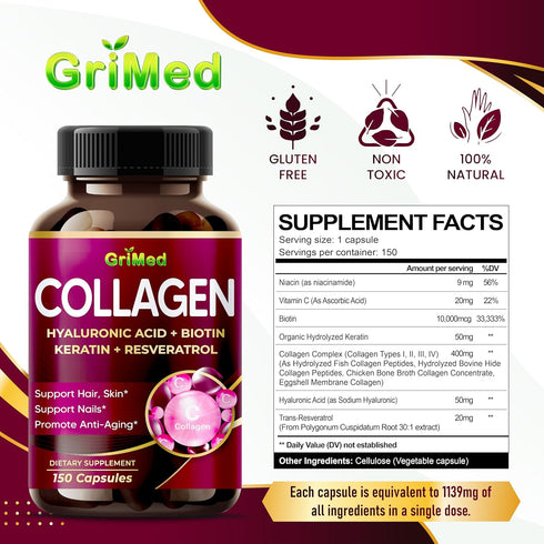 Organic Collagen 6,419 mg with Hyaluronic Acid, Biotin, Keratin, Resveratrol Hair Skin, Nails Vitamins - Made in The USA (90 Count (Pack of 1))...