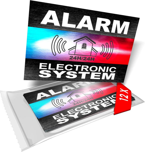 Alarm deterrent stickers - System Electronic - Police Beacon - Pack of 12 - Dimensions 8.5 x 5.5 cm, Black, Red, Blue and White...