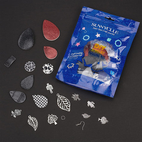SUNNYCLUE 84Pcs DIY 10 Pairs Tree of Life Charms Faux Leather Teardrop Round Charm Black Red Stamping Faux Leather Earring Making Starter Kit Leaf...