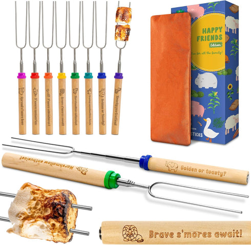 CARPATHEN Marshmallow Roasting Sticks Campfire - Set of 8pcs Smores Sticks With Beautifully Engraved Handles - Perfect as a 4th of July Gift - Tel...