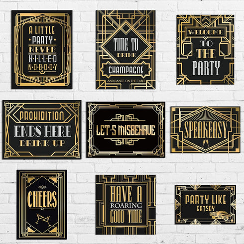 LINGXIU 9 Pieces Roaring 20s Party Decorations Black and Gold Retro Jazz Party Roaring Twenties Wall Signs Decorations Kit for 1920s Party Speakea...