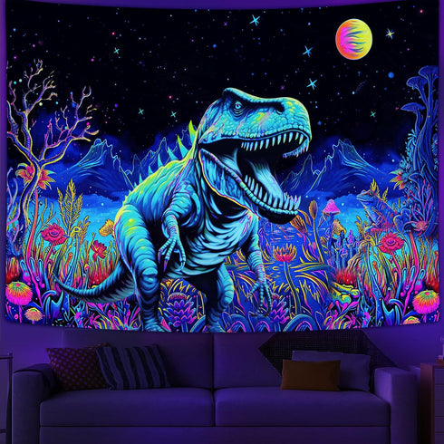 Blacklight Dinosaur Tapestry, Fantasy Neon Funny Dino Frog Mountain Art UV Reactive Tapestries, Cool Fairytales T-Rex Galaxy Space Glow in the Dar...