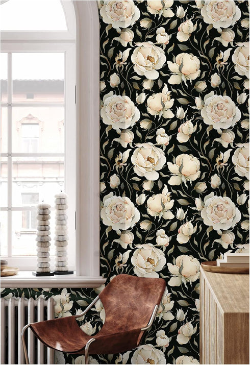 HAOKHOME 93242-1 Peel and Stick Wallpaper Floral Vintage Roses Peonies Contact Paper Removable Black/Beige/Olive Self Adhesive Mural 17.7in x 6.5f...