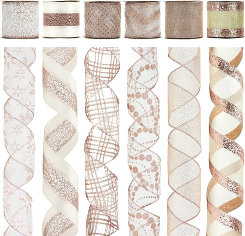 AIMUDI Rose Gold Christmas Ribbon Wired 2.5" Pink Ribbon for Christmas Tree Garland 6 Rolls 36 Yards Rose Gold Glitter Wired Ribbon for Wreaths, G...