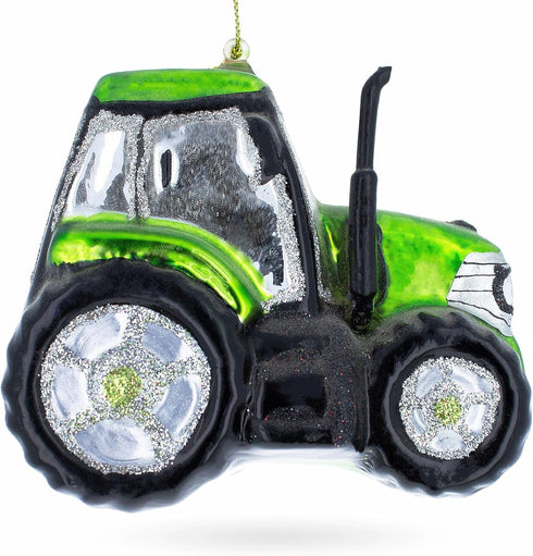 Rustic Green Tractor Blown Glass Christmas Ornament...