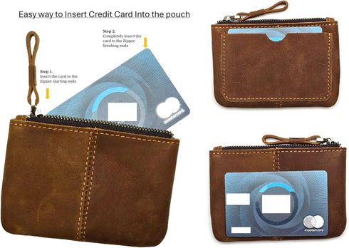 Genuine Leather Coin Purse Pouch for Women Men Vintage Cowhide Grain Leather Slim Mini Wallet Metal Zipper with Real Leather handle (Dark Brown)...