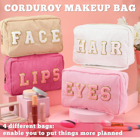 Pinkunn 4 Pcs Preppy Makeup Bag Cute Chenille Cosmetic Bags Face Eyes Lips Hair Corduroy Letter Patch Skin Zipper Patch Bags Travel Zipper Pouch M...