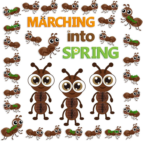 77Pcs Marching Into Spring Bulletin Board Set, Spring Insect Ant Honeycomb Cutouts Classroom Decorations, Hello Spring March Chalkboard Wall Decor...