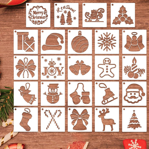 24 Pcs Christmas Stencils for Painting On Wood, Small Christmas Stencils Reusable Snowflake Santa Claus Christmas Tree Drawing Painting Stencils f...
