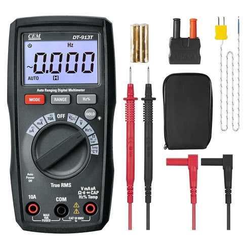 CEM DT-913T Digital Multimeter TRMS 4000 Counts Voltmeter Auto-Ranging Fast Accurately Measures LCD display Voltage Current Amp Resistance Diodes ...