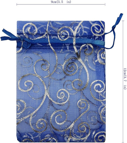 100pcs Sheer Organza Favor Bags For Wedding Baby Shower Rattan Print Gift Bags Samples Display Drawstring Pouches (3.5x4.5 inch, blue)...