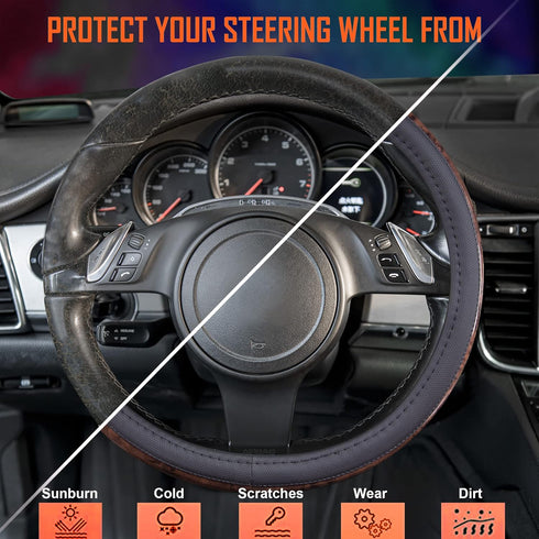 CAR PASS Wood Grain Microfiber Leather Steering Wheel Cover, Universal Fit for 14 1/2-15 inch Black Steering Wheel, Anti-Skip Veins Design,Cars, S...